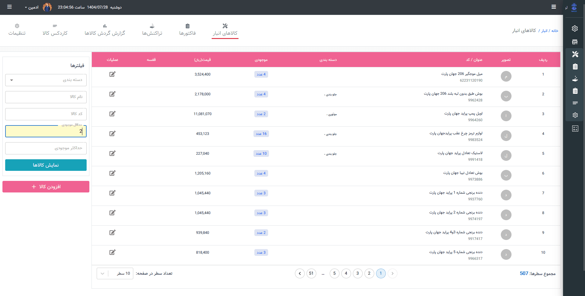 لیست کالاها